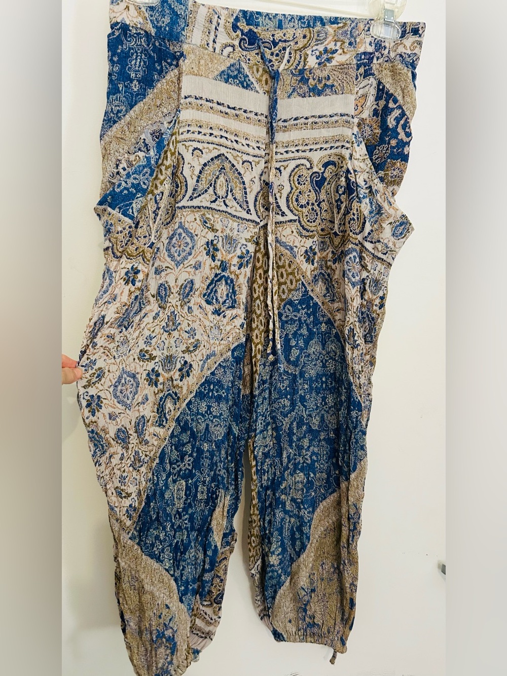 Free People Blue & Beige Paisley Patchwork Harem Pants
